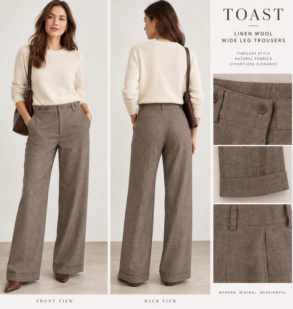 TOAST Linen Wool Wide Leg Trousers UK 10 US 6 Taupe Brown NWT £115